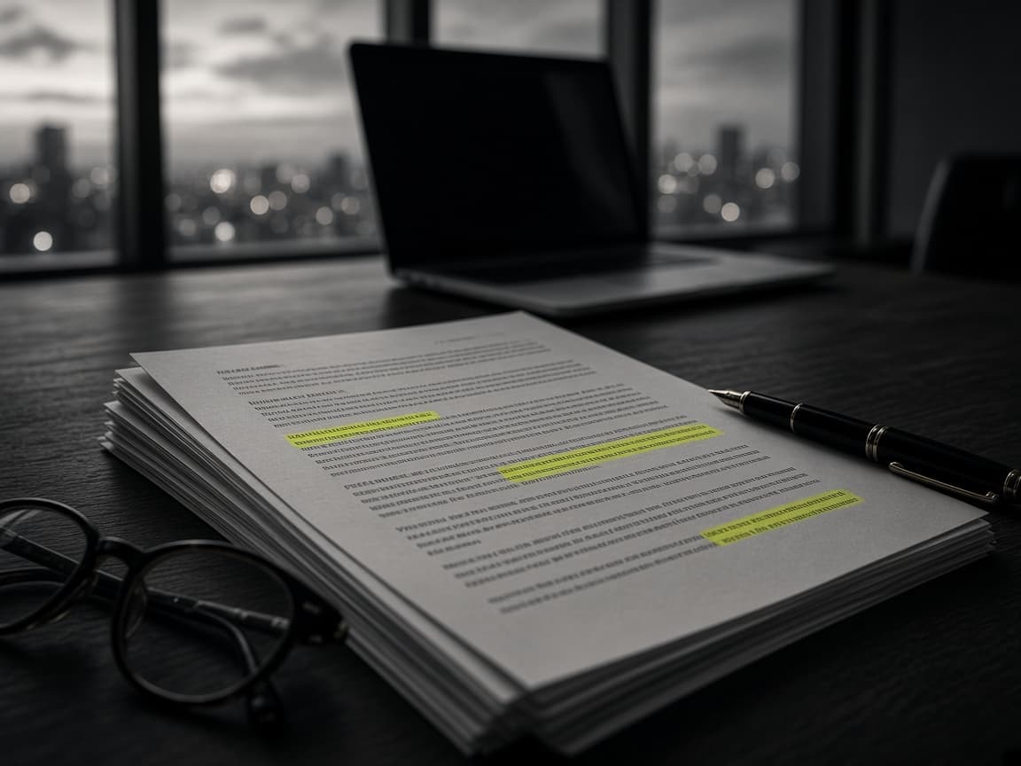A printed contract with highlighted clauses, a pen, and reading glasses on a conference table at dusk