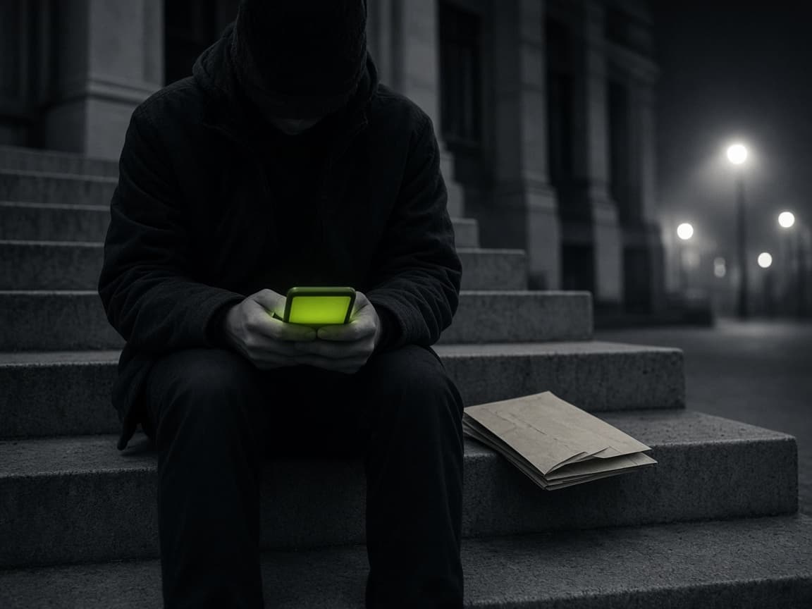A person sitting on courthouse steps at night looking at their phone, with an envelope of paperwork beside them