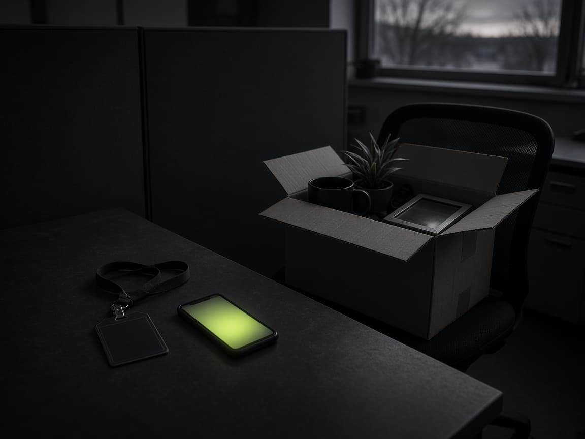 An emptied office desk with a box of personal belongings on the chair and an employee badge beside a phone