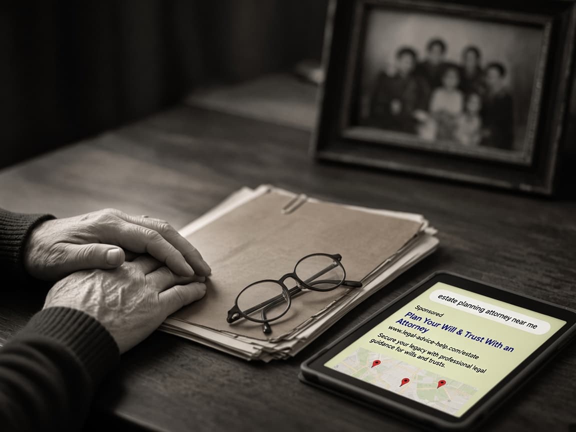 An older person's hands resting on a folder of family documents beside a tablet searching for an estate planning attorney