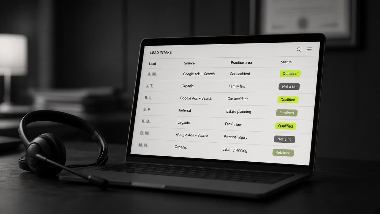 A laptop at an intake desk showing a lead list with source, practice area, and status, beside a headset