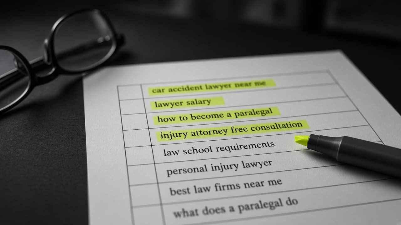 A printed search terms report with legal and non-legal queries marked with a highlighter