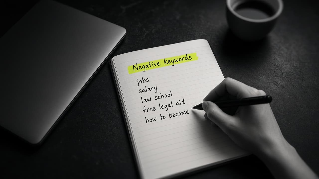 A hand writing a list of negative keywords such as jobs, salary, and law school in a notebook