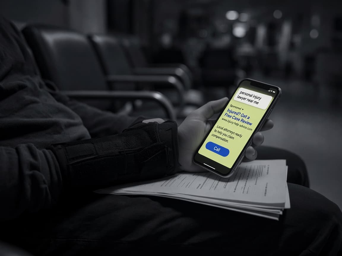 A person in a hospital waiting room with a wrist brace, searching for a personal injury lawyer near me on their phone