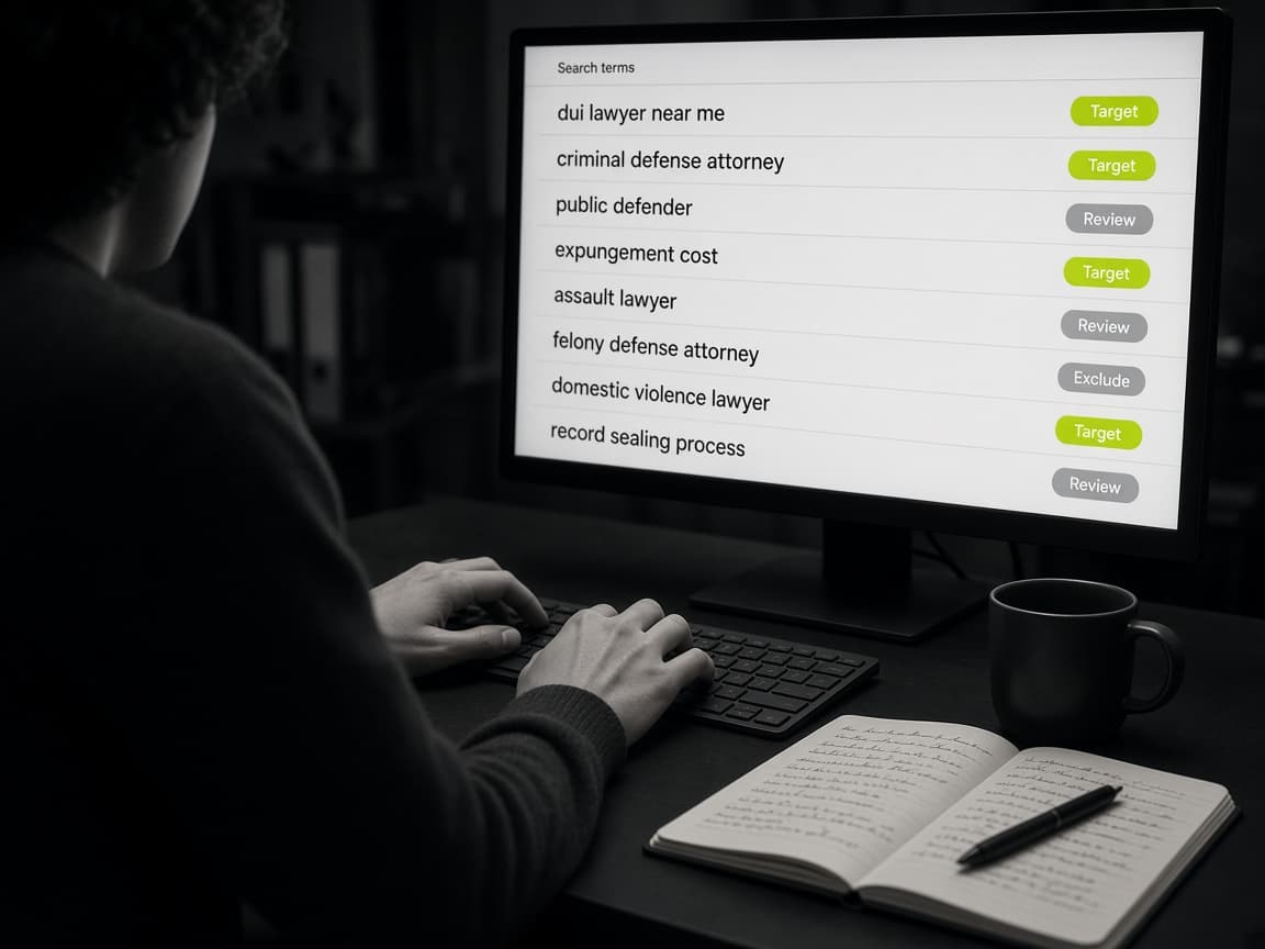 A PPC specialist at a monitor reviewing criminal defense search terms tagged target, review, or exclude