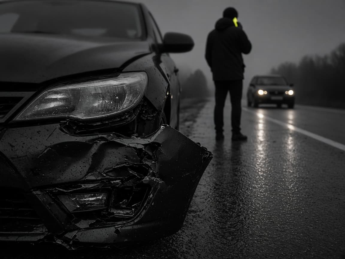 A damaged car on a wet roadside at dusk while the driver stands nearby making a phone call