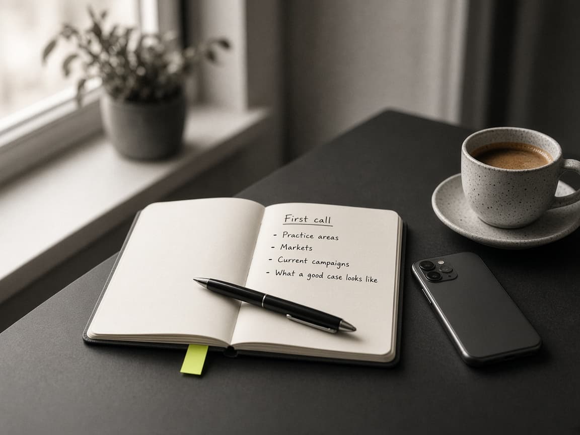 An open notebook with a handwritten first-call agenda covering practice areas, markets, current campaigns, and what a good case looks like