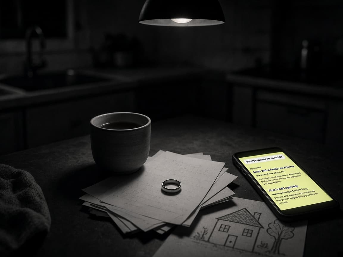 A wedding ring on a stack of papers at a kitchen table at night beside a phone searching for a divorce lawyer consultation