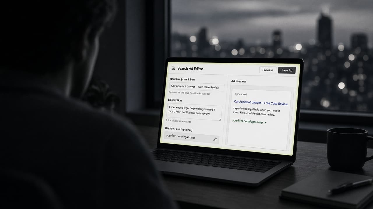 A laptop in a dim office showing a search ad being written for a car accident lawyer, with a live ad preview