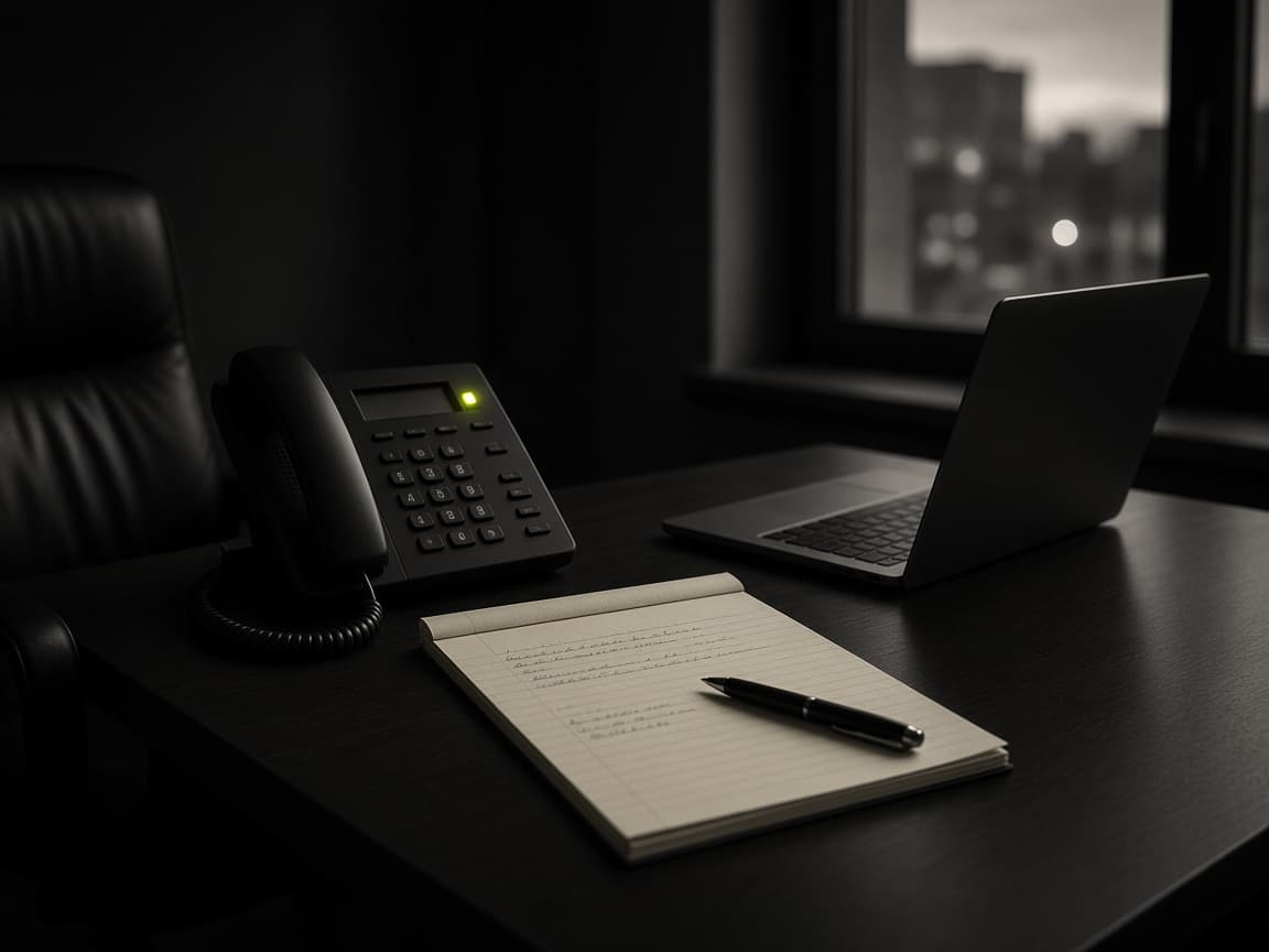 A law office desk at dusk with a desk phone, a legal pad of notes, and a laptop