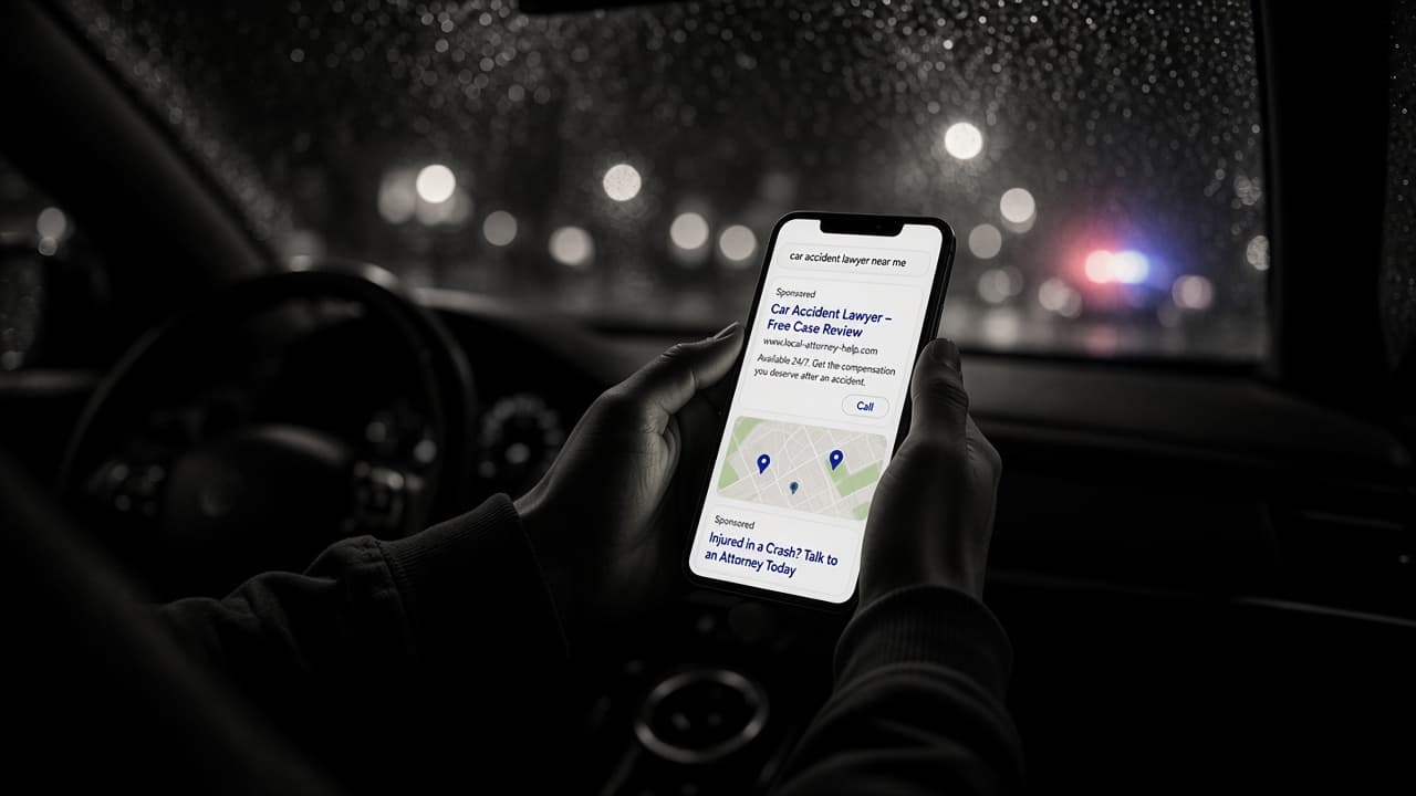 Hands holding a phone in a car at night, searching for a car accident lawyer near me, with police lights in the rain outside