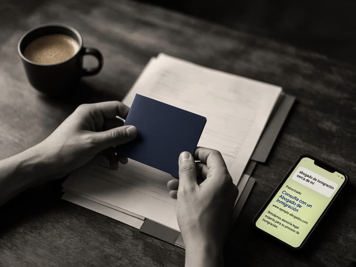 Hands holding a passport over a folder of forms beside a phone searching in Spanish for an immigration lawyer nearby