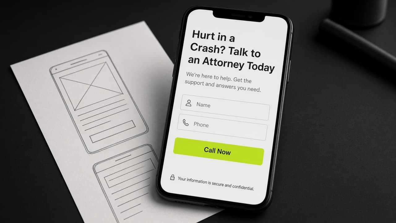 A phone showing a law firm landing page with a short form and call button, next to paper wireframe sketches